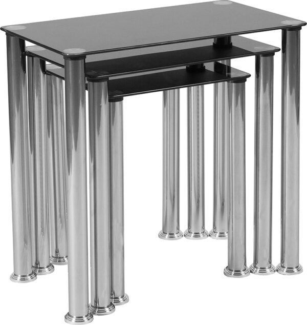 Wholesale Riverside Collection Black Glass Nesting Tables with Stainless Steel Legs