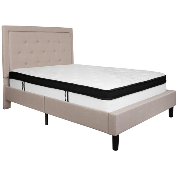 Lowest Price Roxbury Full Size Tufted Upholstered Platform Bed in Beige Fabric with Memory Foam Mattress