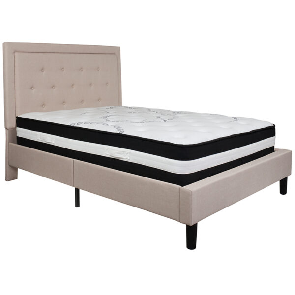 Lowest Price Roxbury Full Size Tufted Upholstered Platform Bed in Beige Fabric with Pocket Spring Mattress