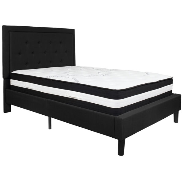 Lowest Price Roxbury Full Size Tufted Upholstered Platform Bed in Black Fabric with Pocket Spring Mattress