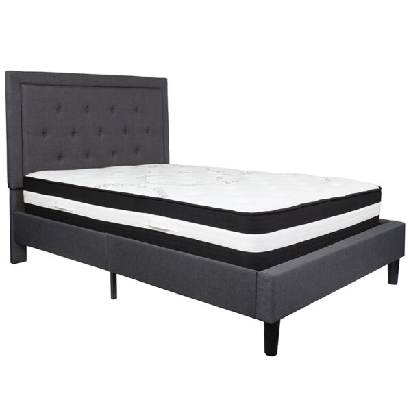 Lowest Price Roxbury Full Size Tufted Upholstered Platform Bed in Dark Gray Fabric with Pocket Spring Mattress
