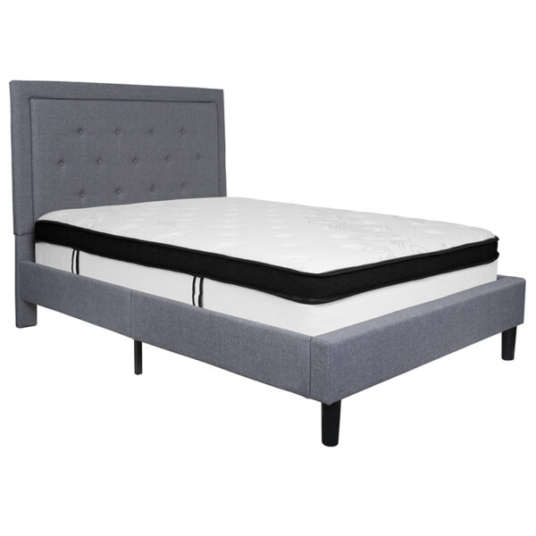 Lowest Price Roxbury Full Size Tufted Upholstered Platform Bed in Light Gray Fabric with Memory Foam Mattress
