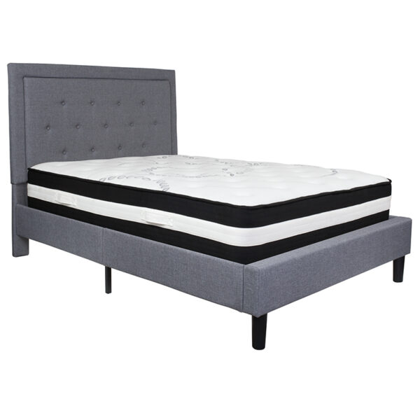 Lowest Price Roxbury Full Size Tufted Upholstered Platform Bed in Light Gray Fabric with Pocket Spring Mattress