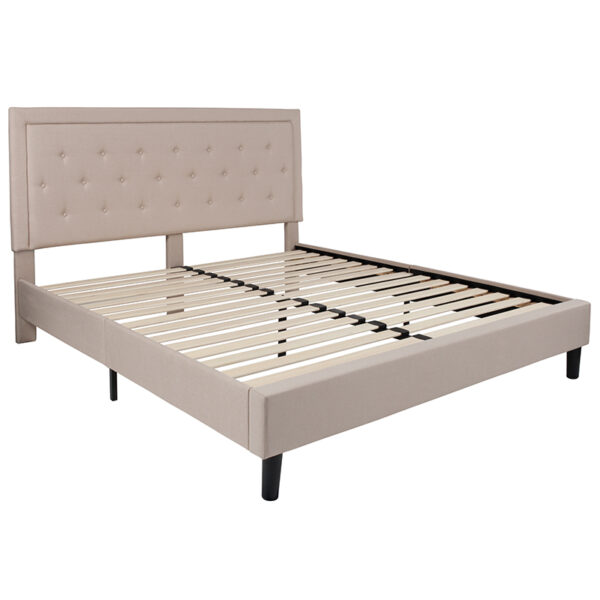 Lowest Price Roxbury King Size Tufted Upholstered Platform Bed in Beige Fabric