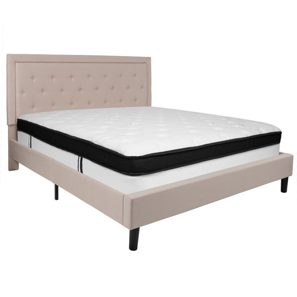 Lowest Price Roxbury King Size Tufted Upholstered Platform Bed in Beige Fabric with Memory Foam Mattress