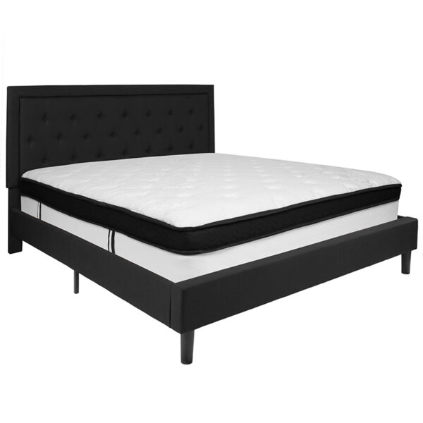 Lowest Price Roxbury King Size Tufted Upholstered Platform Bed in Black Fabric with Memory Foam Mattress