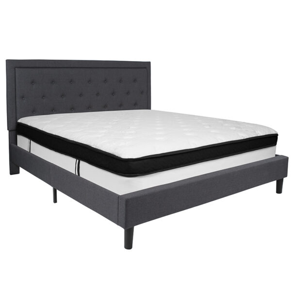 Lowest Price Roxbury King Size Tufted Upholstered Platform Bed in Dark Gray Fabric with Memory Foam Mattress