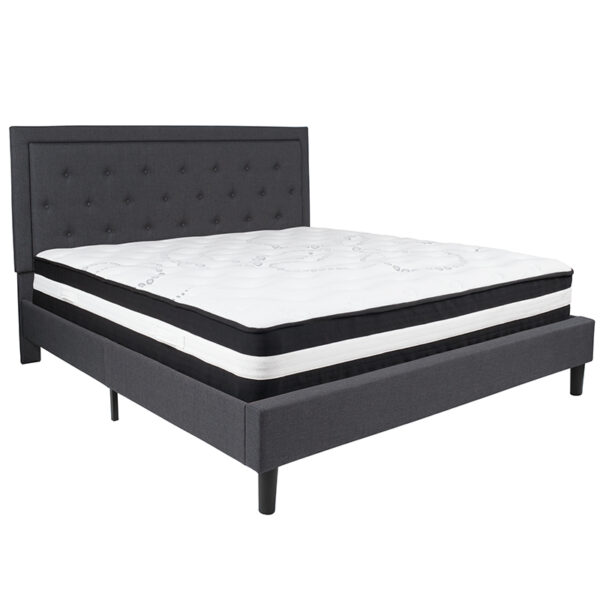 Lowest Price Roxbury King Size Tufted Upholstered Platform Bed in Dark Gray Fabric with Pocket Spring Mattress