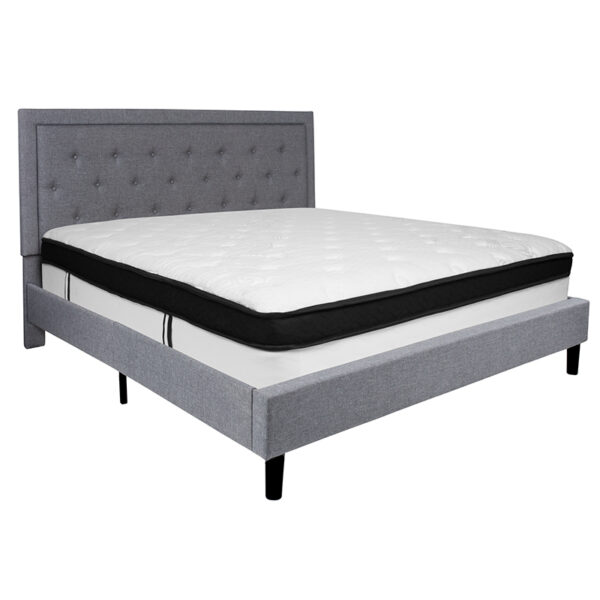 Lowest Price Roxbury King Size Tufted Upholstered Platform Bed in Light Gray Fabric with Memory Foam Mattress