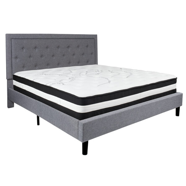 Lowest Price Roxbury King Size Tufted Upholstered Platform Bed in Light Gray Fabric with Pocket Spring Mattress