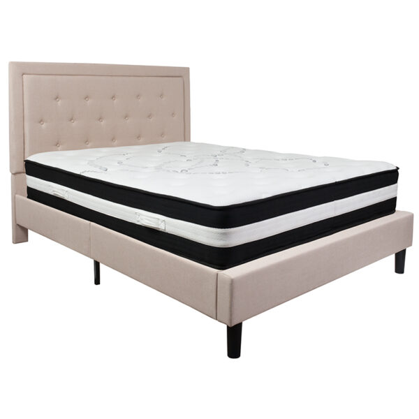 Lowest Price Roxbury Queen Size Tufted Upholstered Platform Bed in Beige Fabric with Pocket Spring Mattress
