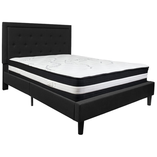 Lowest Price Roxbury Queen Size Tufted Upholstered Platform Bed in Black Fabric with Pocket Spring Mattress