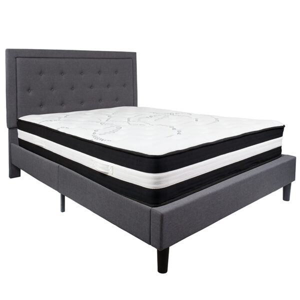 Lowest Price Roxbury Queen Size Tufted Upholstered Platform Bed in Dark Gray Fabric with Pocket Spring Mattress