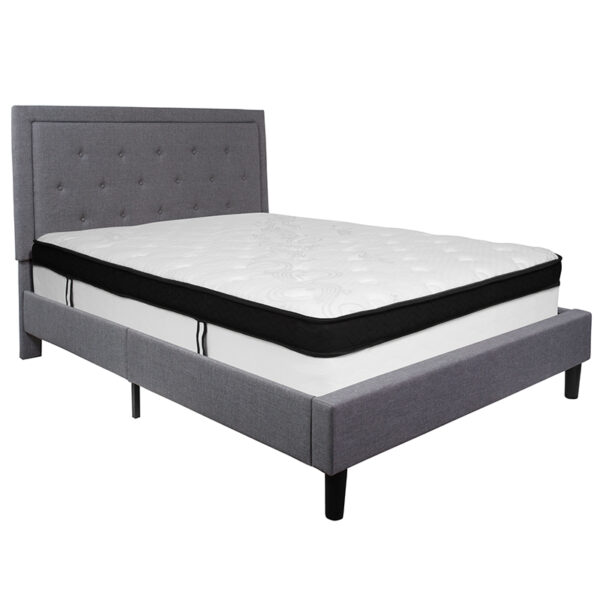 Lowest Price Roxbury Queen Size Tufted Upholstered Platform Bed in Light Gray Fabric with Memory Foam Mattress