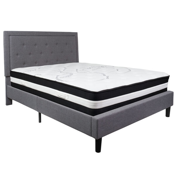 Lowest Price Roxbury Queen Size Tufted Upholstered Platform Bed in Light Gray Fabric with Pocket Spring Mattress