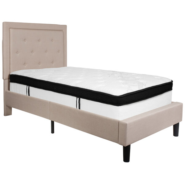 Lowest Price Roxbury Twin Size Tufted Upholstered Platform Bed in Beige Fabric with Memory Foam Mattress