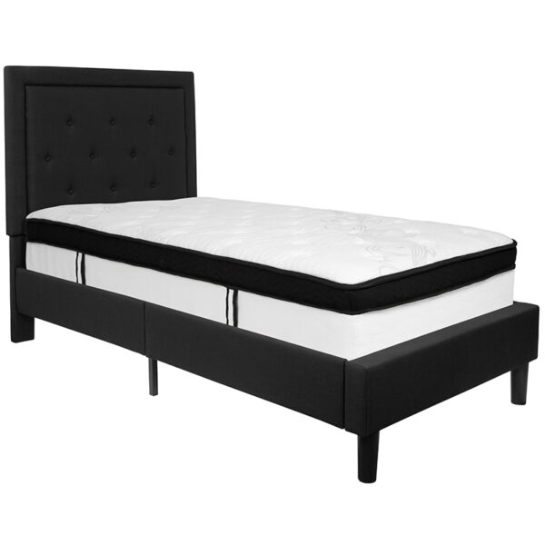 Lowest Price Roxbury Twin Size Tufted Upholstered Platform Bed in Black Fabric with Memory Foam Mattress