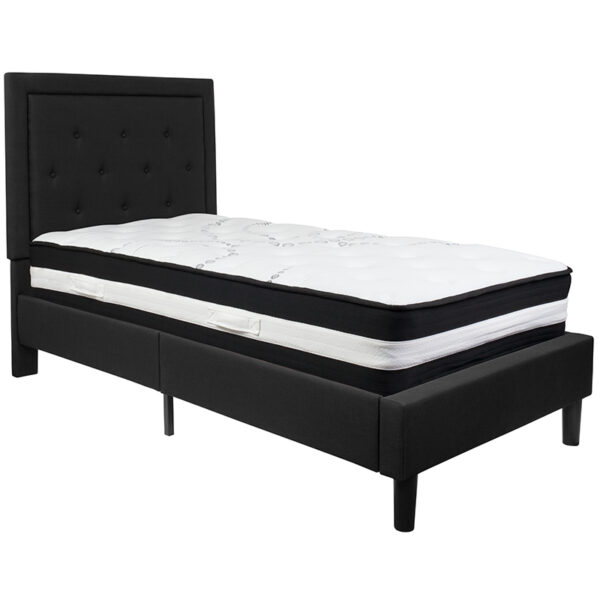 Lowest Price Roxbury Twin Size Tufted Upholstered Platform Bed in Black Fabric with Pocket Spring Mattress