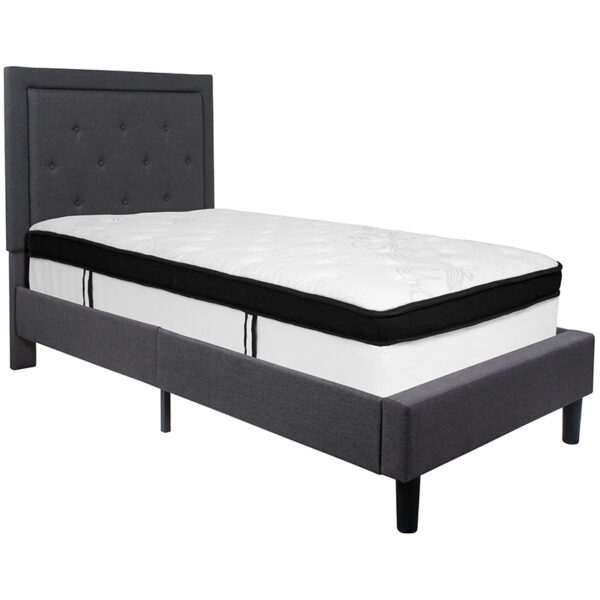 Lowest Price Roxbury Twin Size Tufted Upholstered Platform Bed in Dark Gray Fabric with Memory Foam Mattress