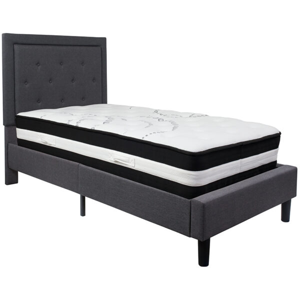 Lowest Price Roxbury Twin Size Tufted Upholstered Platform Bed in Dark Gray Fabric with Pocket Spring Mattress