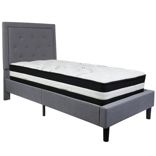 Lowest Price Roxbury Twin Size Tufted Upholstered Platform Bed in Light Gray Fabric with Pocket Spring Mattress