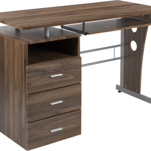 Wholesale Rustic Walnut Desk with Three Drawer Pedestal and Pull-Out Keyboard Tray