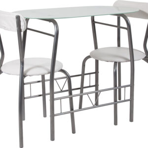 Wholesale Sutton 3 Piece Space-Saver Bistro Set with White Glass Top Table and White Vinyl Padded Chairs
