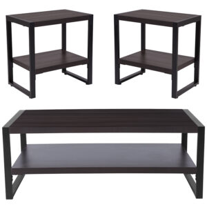 Wholesale Thompson Collection 3 Piece Coffee and End Table Set with Raised Shelves in Charcoal Wood Grain Finish
