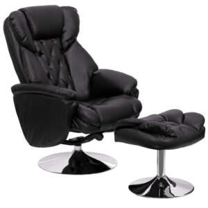Wholesale Transitional Multi-Position Recliner and Ottoman with Chrome Base in Black Leather