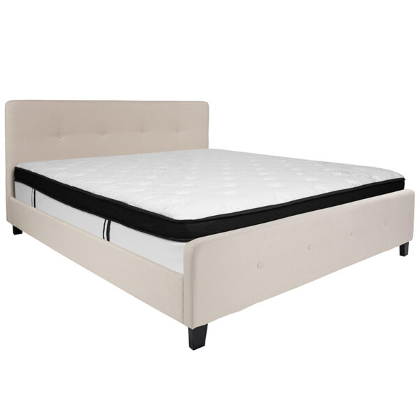 Lowest Price Tribeca King Size Tufted Upholstered Platform Bed in Beige Fabric with Memory Foam Mattress