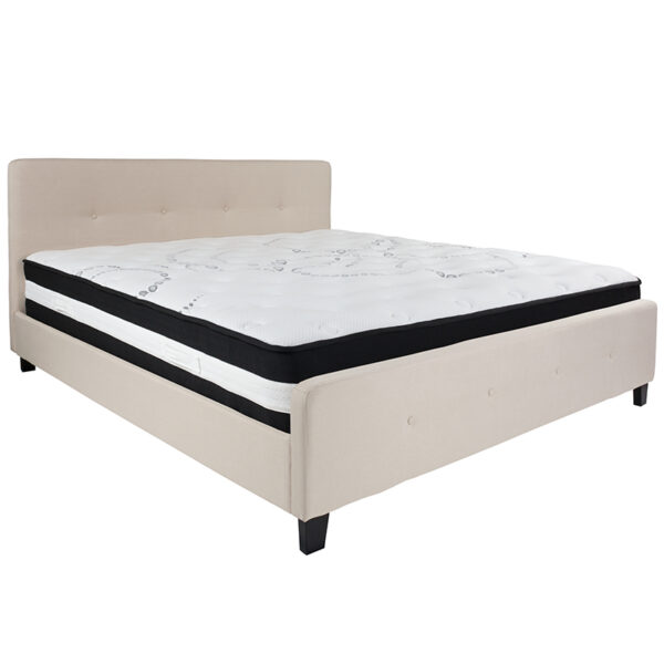 Lowest Price Tribeca King Size Tufted Upholstered Platform Bed in Beige Fabric with Pocket Spring Mattress