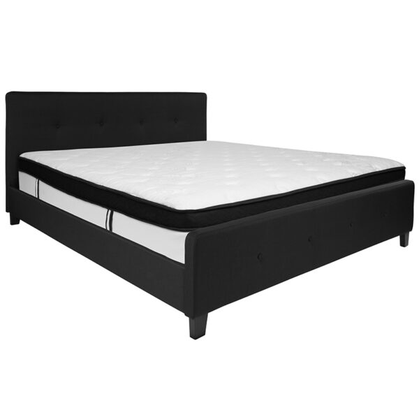 Lowest Price Tribeca King Size Tufted Upholstered Platform Bed in Black Fabric with Memory Foam Mattress