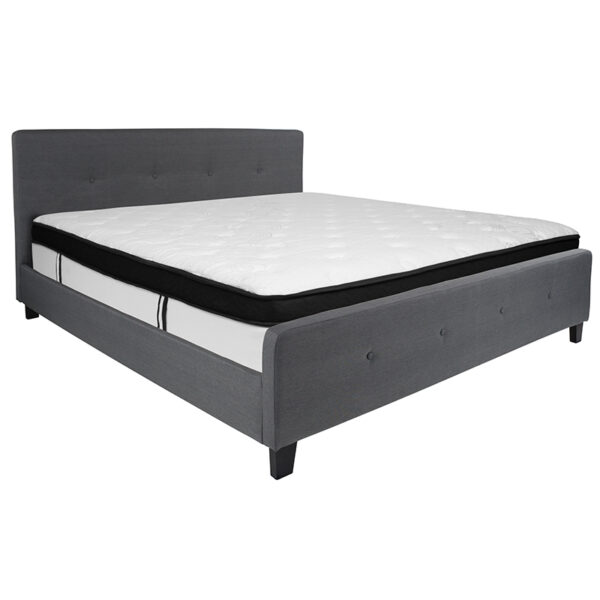 Lowest Price Tribeca King Size Tufted Upholstered Platform Bed in Dark Gray Fabric with Memory Foam Mattress