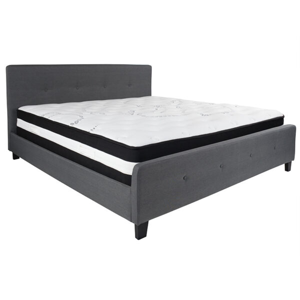 Lowest Price Tribeca King Size Tufted Upholstered Platform Bed in Dark Gray Fabric with Pocket Spring Mattress