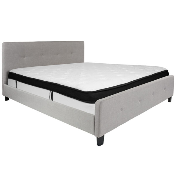 Lowest Price Tribeca King Size Tufted Upholstered Platform Bed in Light Gray Fabric with Memory Foam Mattress