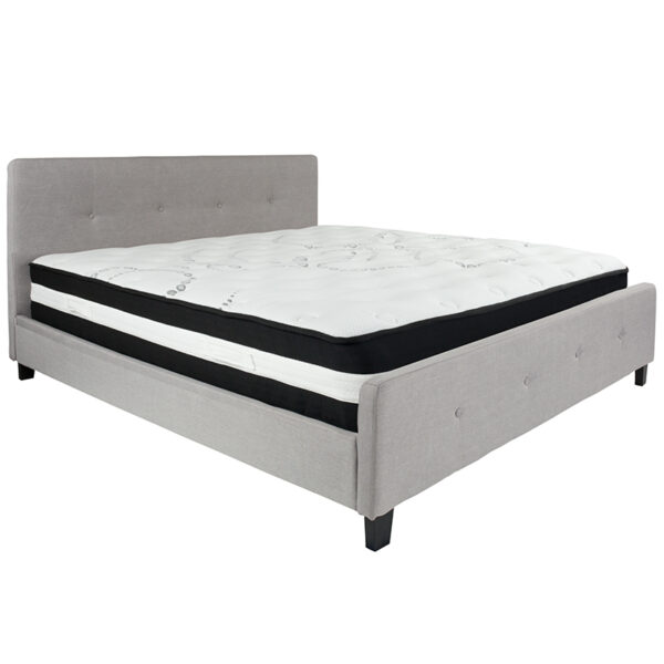 Lowest Price Tribeca King Size Tufted Upholstered Platform Bed in Light Gray Fabric with Pocket Spring Mattress