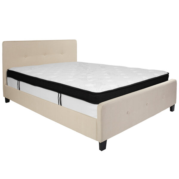 Lowest Price Tribeca Queen Size Tufted Upholstered Platform Bed in Beige Fabric with Memory Foam Mattress