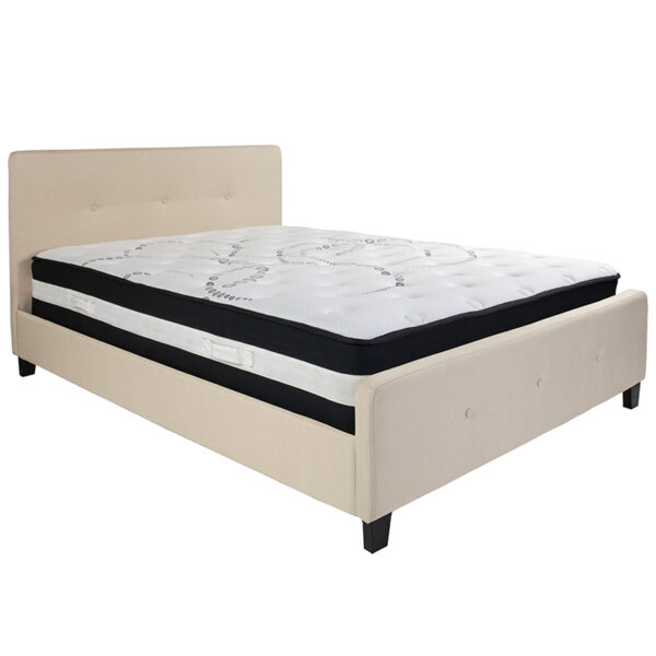 Lowest Price Tribeca Queen Size Tufted Upholstered Platform Bed in Beige Fabric with Pocket Spring Mattress