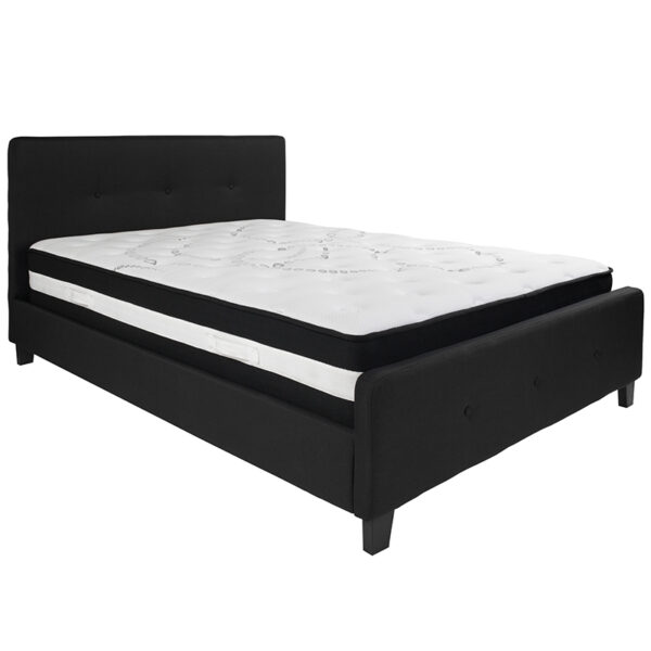 Lowest Price Tribeca Queen Size Tufted Upholstered Platform Bed in Black Fabric with Pocket Spring Mattress