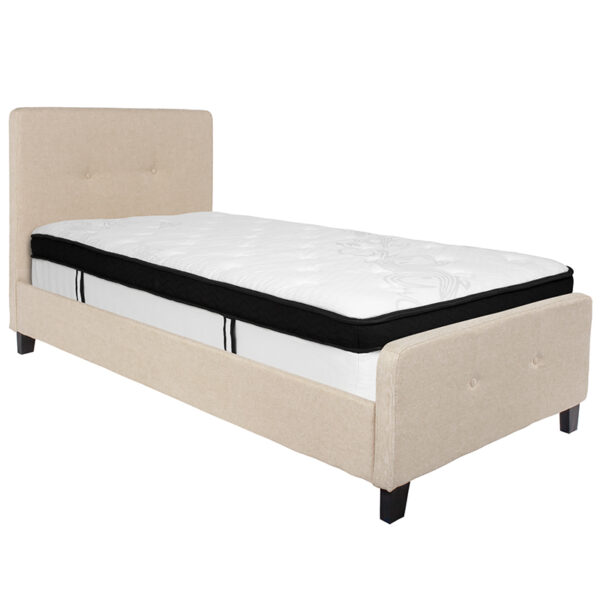 Lowest Price Tribeca Twin Size Tufted Upholstered Platform Bed in Beige Fabric with Memory Foam Mattress