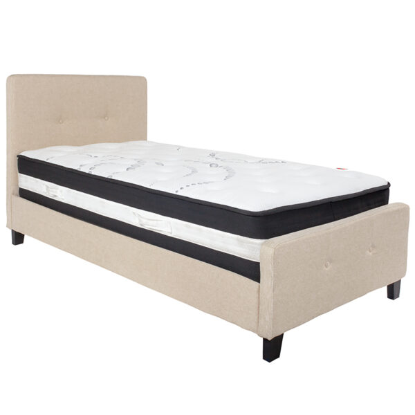 Lowest Price Tribeca Twin Size Tufted Upholstered Platform Bed in Beige Fabric with Pocket Spring Mattress