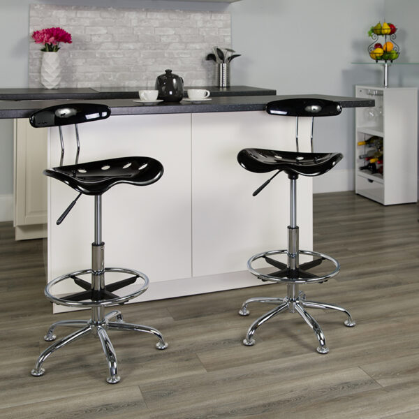 Lowest Price Vibrant Black and Chrome Drafting Stool with Tractor Seat