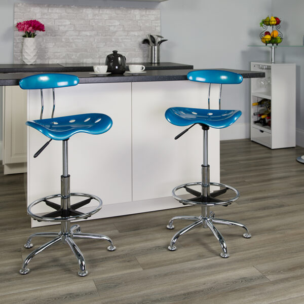 Lowest Price Vibrant Bright Blue and Chrome Drafting Stool with Tractor Seat