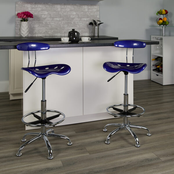 Lowest Price Vibrant Deep Blue and Chrome Drafting Stool with Tractor Seat