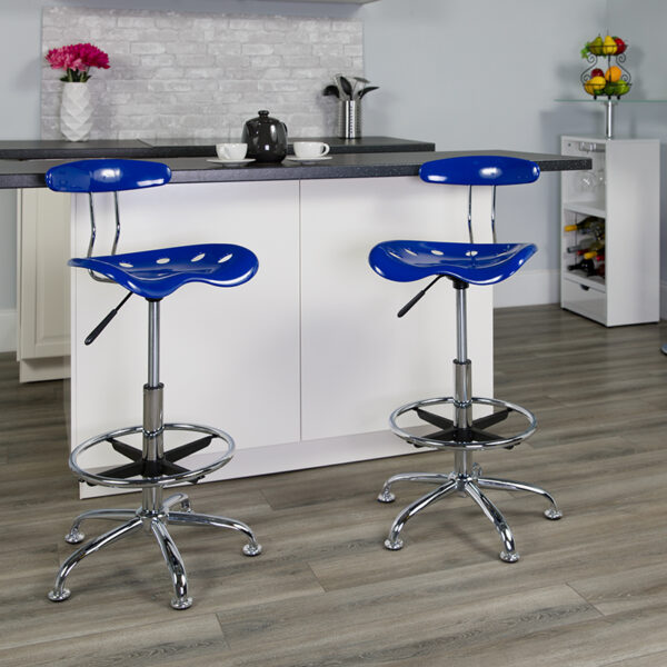 Lowest Price Vibrant Nautical Blue and Chrome Drafting Stool with Tractor Seat