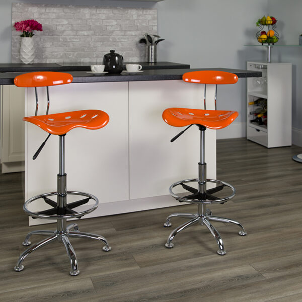Lowest Price Vibrant Orange and Chrome Drafting Stool with Tractor Seat