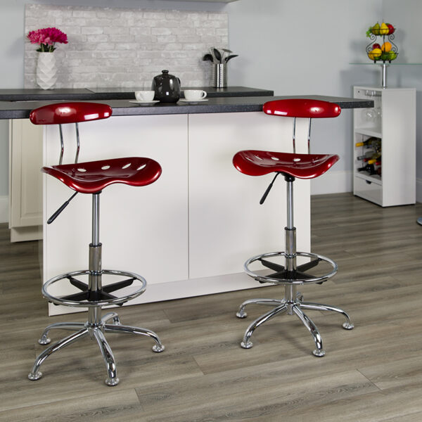 Lowest Price Vibrant Wine Red and Chrome Drafting Stool with Tractor Seat