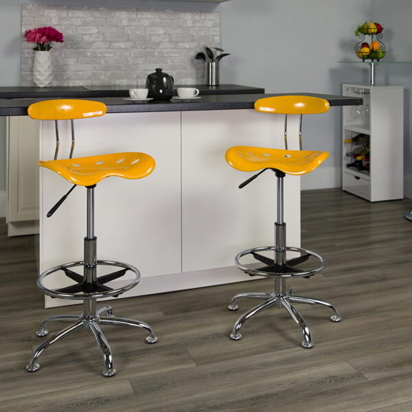 Lowest Price Vibrant Yellow and Chrome Drafting Stool with Tractor Seat