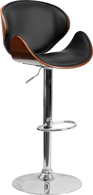 Wholesale Walnut Bentwood Adjustable Height Barstool with Curved Back and Black Vinyl Seat