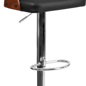 Wholesale Walnut Bentwood Adjustable Height Barstool with Side Panel Cutout Back and Black Vinyl Seat